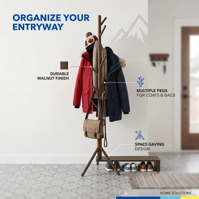 Alt view image 2 of 7 - HMD Houma Freestanding 8-Hook Solid Wood Coat Rack for Entryway, Bedroom & Home Organization, Easy Assembly