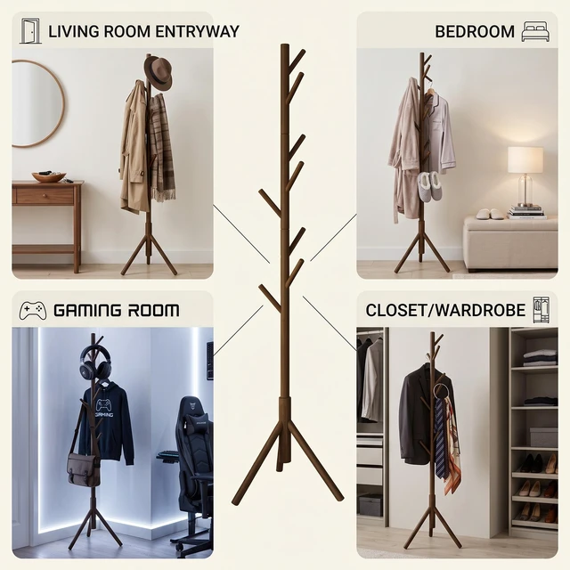 Alt view image 6 of 7 - HMD Houma Freestanding 8-Hook Solid Wood Coat Rack for Entryway, Bedroom & Home Organization, Easy Assembly