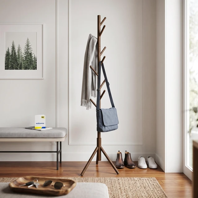 Alt view image 4 of 7 - HMD Houma Freestanding 8-Hook Solid Wood Coat Rack for Entryway, Bedroom & Home Organization, Easy Assembly