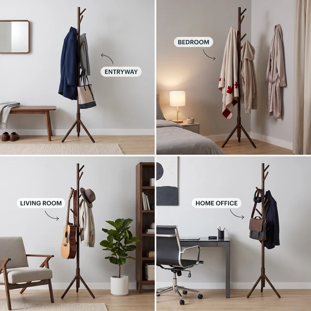 Alt view image 2 of 6 - HMD Houma Freestanding 8-Hook Solid Wood Coat Rack for Entryway, Bedroom & Home Organization, Easy Assembly Cappuccino