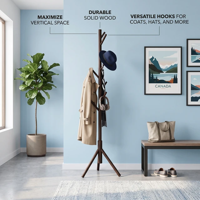 Alt view image 4 of 6 - HMD Houma Freestanding 8-Hook Solid Wood Coat Rack for Entryway, Bedroom & Home Organization, Easy Assembly Cappuccino