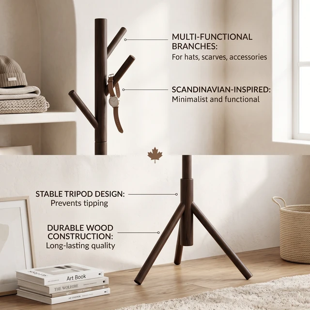 Alt view image 5 of 6 - HMD Houma Freestanding 8-Hook Solid Wood Coat Rack for Entryway, Bedroom & Home Organization, Easy Assembly Cappuccino