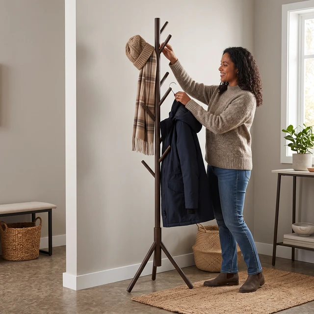 Alt view image 3 of 6 - HMD Houma Freestanding 8-Hook Solid Wood Coat Rack for Entryway, Bedroom & Home Organization, Easy Assembly Cappuccino
