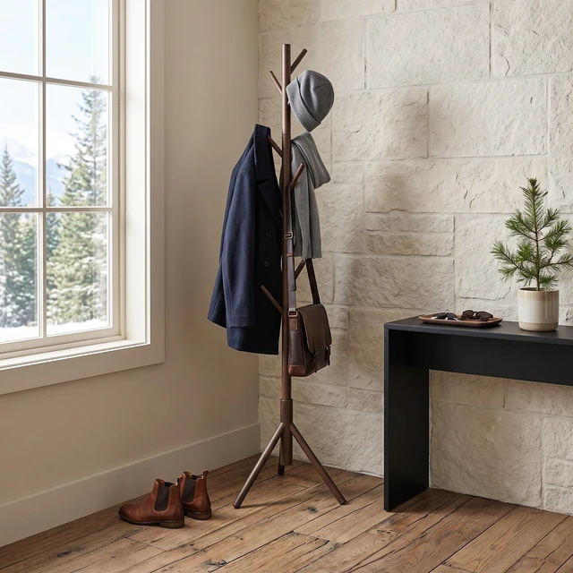 Main image of HMD Houma Freestanding 8-Hook Solid Wood Coat Rack for Entryway, Bedroom & Home Organization, Easy Assembly Cappuccino