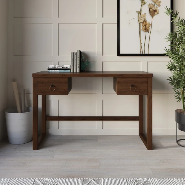 Alt view image 2 of 7 - HMD Dario Modern Wood Writing Desk with Spacious Tabletop & 2 Built-In Drawers, Clean-Lined Design for Home Office, Study & Creative Workspace
