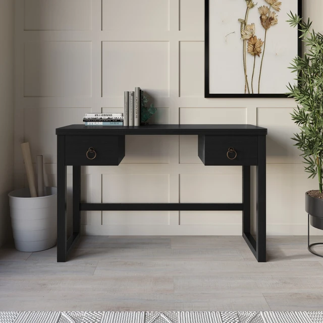 Alt view image 2 of 7 - HMD Dario Modern Wood Writing Desk with Spacious Tabletop & 2 Built-In Drawers, Clean-Lined Design for Home Office, Study & Creative Workspace Black