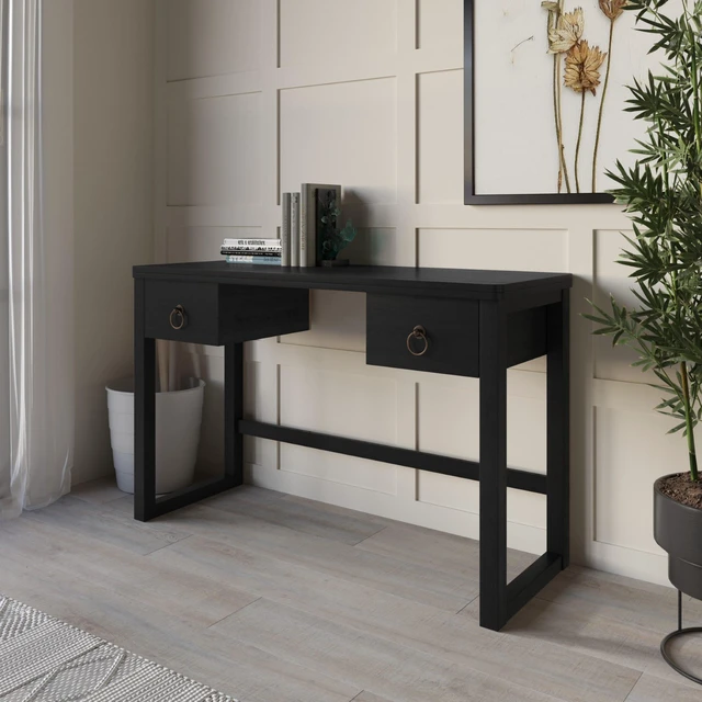 Main image of HMD Dario Modern Wood Writing Desk with Spacious Tabletop & 2 Built-In Drawers, Clean-Lined Design for Home Office, Study & Creative Workspace Black