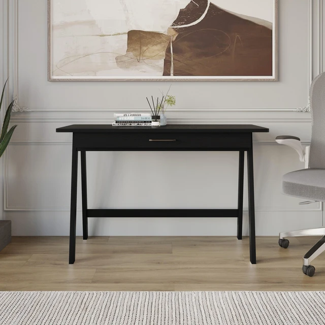 Main image of HMD Serafina Writing Desk with Spacious Tabletop and Built-In Drawer, Natural Wood Grain Finish, Modern Design for Home Office or Study Black