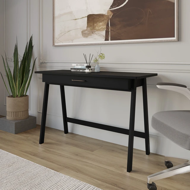Alt view image 2 of 7 - HMD Serafina Writing Desk with Spacious Tabletop and Built-In Drawer, Natural Wood Grain Finish, Modern Design for Home Office or Study Black