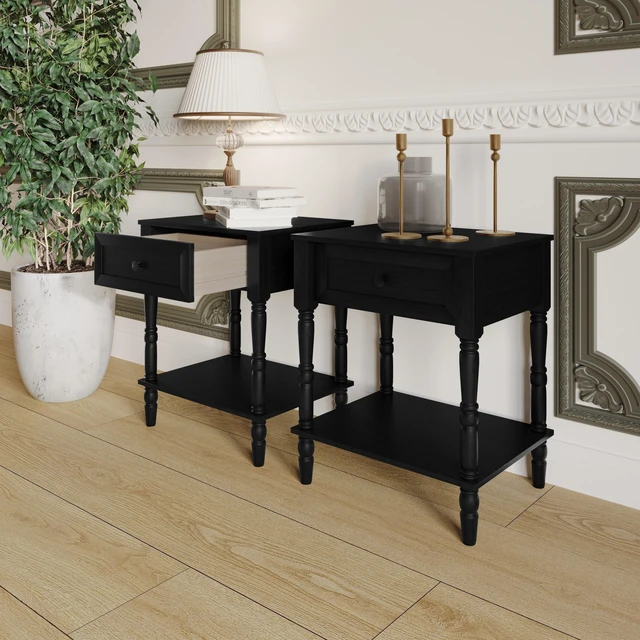 Alt view image 2 of 7 - HMD Ruston 1-Drawer Nightstand (Set of 2) with Open Shelf, Turned Legs, and Rich Woodgrain Finish Black