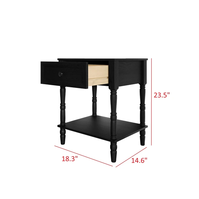 Alt view image 5 of 7 - HMD Ruston 1-Drawer Nightstand (Set of 2) with Open Shelf, Turned Legs, and Rich Woodgrain Finish Black
