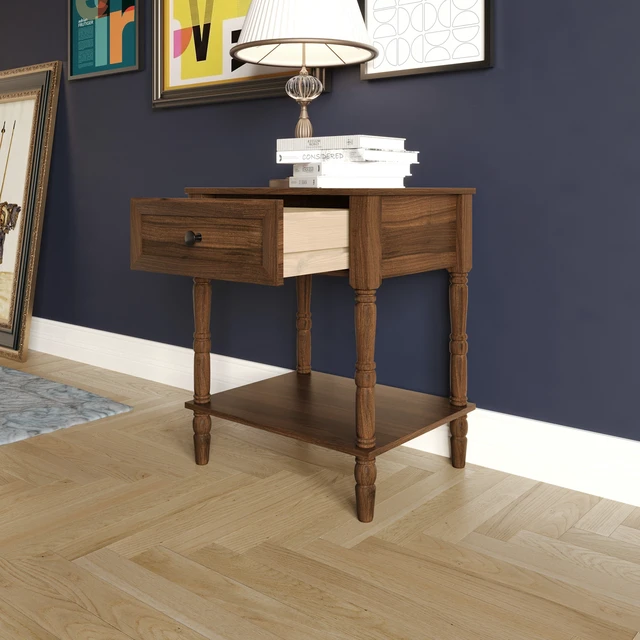 Alt view image 2 of 7 - HMD Rumford 1-Drawer Nightstand Modern Wooden Bedside Table with Storage, Open Shelf & Natural Woodgrain Finish