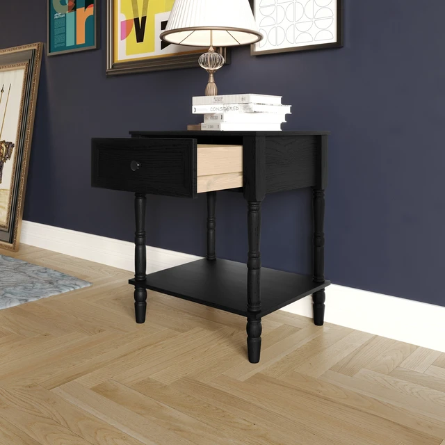 Alt view image 2 of 7 - HMD Rumford 1-Drawer Nightstand Modern Wooden Bedside Table with Storage, Open Shelf & Natural Woodgrain Finish Black