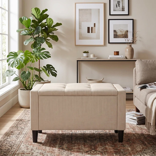 Main image of HMD Braylen Upholstered Button-Tufted Flip-Top Storage Bench Beige 29"inch