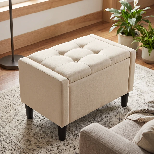 Alt view image 2 of 7 - HMD Braylen Upholstered Button-Tufted Flip-Top Storage Bench Beige 29"inch