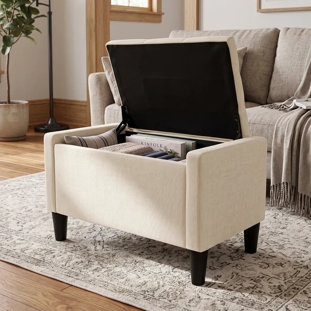 Alt view image 3 of 7 - HMD Braylen Upholstered Button-Tufted Flip-Top Storage Bench Beige 29"inch