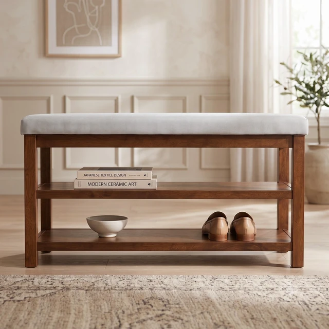 Main image of HMD Oraibi Upholstered Storage Shoe Bench with Two-Tier Open Shelving, Cushioned Seat, Wooden Frame, and Multi-Purpose Entryway Organizer, Brown