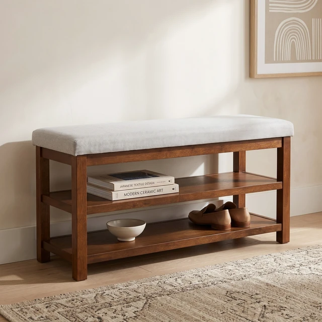 Alt view image 2 of 7 - HMD Oraibi Upholstered Storage Shoe Bench with Two-Tier Open Shelving, Cushioned Seat, Wooden Frame, and Multi-Purpose Entryway Organizer, Brown