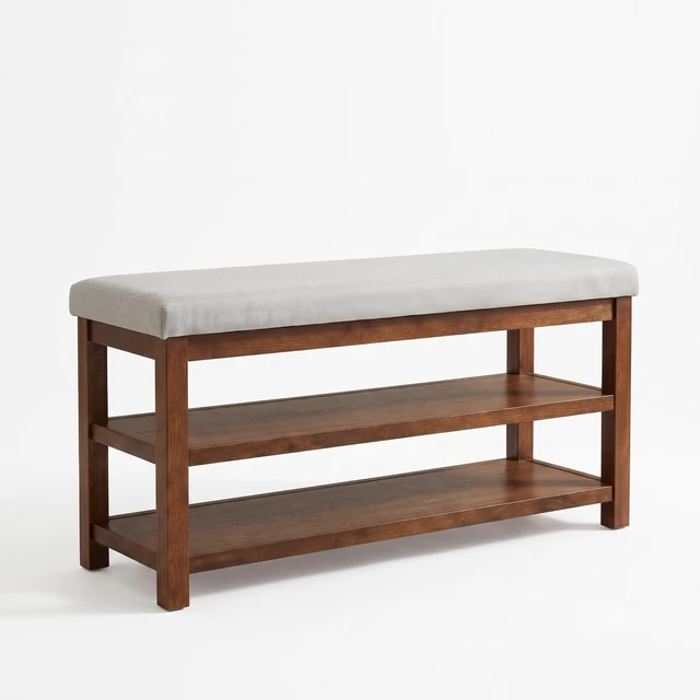 Alt view image 3 of 7 - HMD Oraibi Upholstered Storage Shoe Bench with Two-Tier Open Shelving, Cushioned Seat, Wooden Frame, and Multi-Purpose Entryway Organizer, Brown