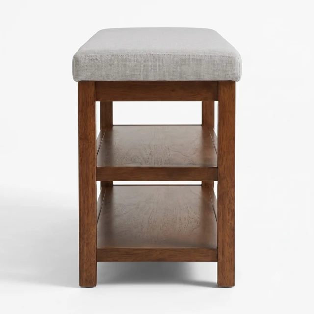 Alt view image 4 of 7 - HMD Oraibi Upholstered Storage Shoe Bench with Two-Tier Open Shelving, Cushioned Seat, Wooden Frame, and Multi-Purpose Entryway Organizer, Brown