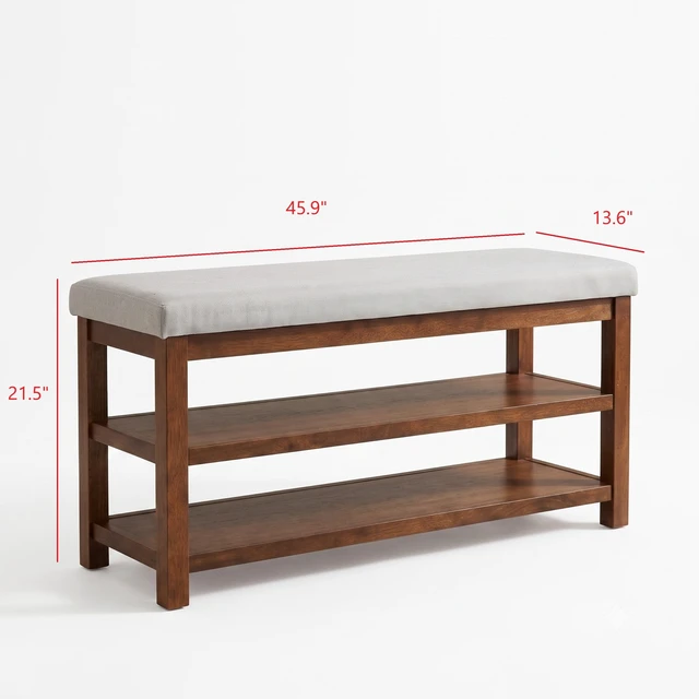 Alt view image 7 of 7 - HMD Oraibi Upholstered Storage Shoe Bench with Two-Tier Open Shelving, Cushioned Seat, Wooden Frame, and Multi-Purpose Entryway Organizer, Brown