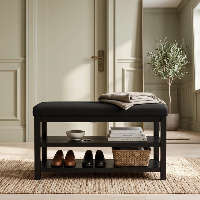 Main image of HMD Oraibi Upholstered Storage Shoe Bench with Two-Tier Open Shelving, Cushioned Seat, Wooden Frame, and Multi-Purpose Entryway Organizer Black