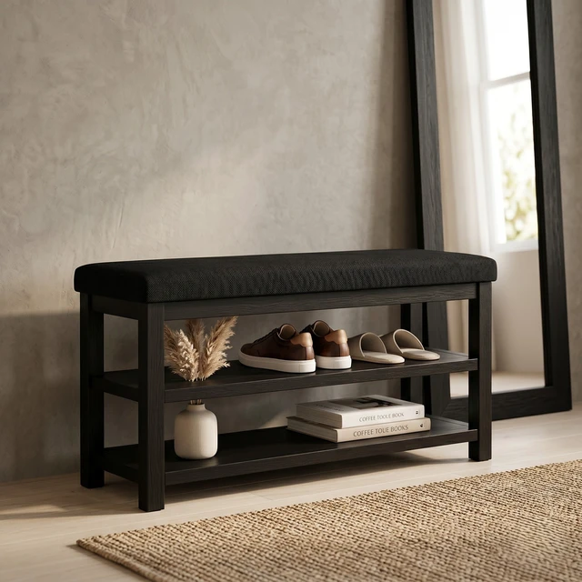 Alt view image 2 of 7 - HMD Oraibi Upholstered Storage Shoe Bench with Two-Tier Open Shelving, Cushioned Seat, Wooden Frame, and Multi-Purpose Entryway Organizer Black