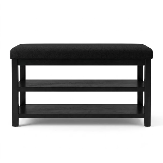 Alt view image 3 of 7 - HMD Oraibi Upholstered Storage Shoe Bench with Two-Tier Open Shelving, Cushioned Seat, Wooden Frame, and Multi-Purpose Entryway Organizer Black