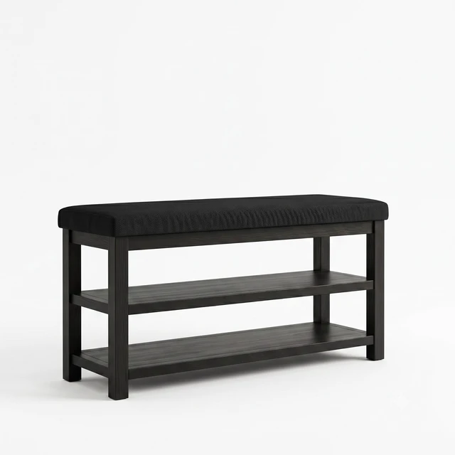 Alt view image 4 of 7 - HMD Oraibi Upholstered Storage Shoe Bench with Two-Tier Open Shelving, Cushioned Seat, Wooden Frame, and Multi-Purpose Entryway Organizer Black