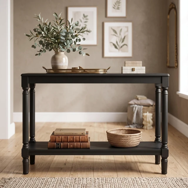 Main image of HMD Giuseppe 47-Inch Wooden Console Table with Lower Display Shelf, Turned Legs, Classic Traditional Design, and Easy Assembly, Black
