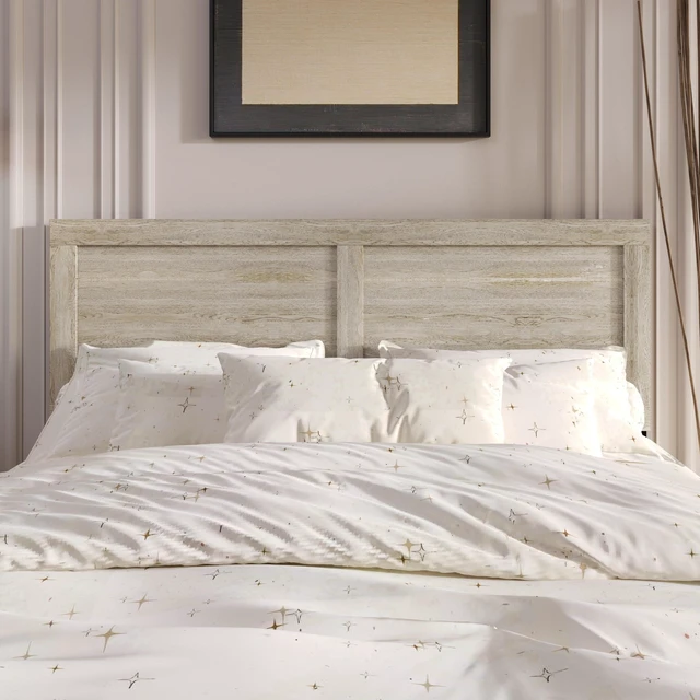 Main image of HMD Yakima Modern Wood Panel Headboard with Adjustable Black Metal Legs, Natural Wood-Grain Finish and Contemporary Bedroom Design