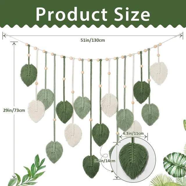Alt view image 4 of 6 - Macrame Wall Hanging Large Macrame Leaves Tapestry Wall Hanging Decoration Boho Handmade Woven Leaf Feather Wall Art Decor for Nursery Bedroom Living Room Office Christmas Thanksgiving Decor
