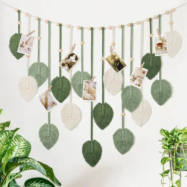 Alt view image 3 of 6 - Macrame Wall Hanging Large Macrame Leaves Tapestry Wall Hanging Decoration Boho Handmade Woven Leaf Feather Wall Art Decor for Nursery Bedroom Living Room Office Christmas Thanksgiving Decor