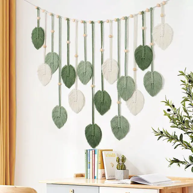 Alt view image 2 of 6 - Macrame Wall Hanging Large Macrame Leaves Tapestry Wall Hanging Decoration Boho Handmade Woven Leaf Feather Wall Art Decor for Nursery Bedroom Living Room Office Christmas Thanksgiving Decor