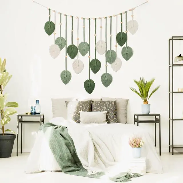 Alt view image 5 of 6 - Macrame Wall Hanging Large Macrame Leaves Tapestry Wall Hanging Decoration Boho Handmade Woven Leaf Feather Wall Art Decor for Nursery Bedroom Living Room Office Christmas Thanksgiving Decor