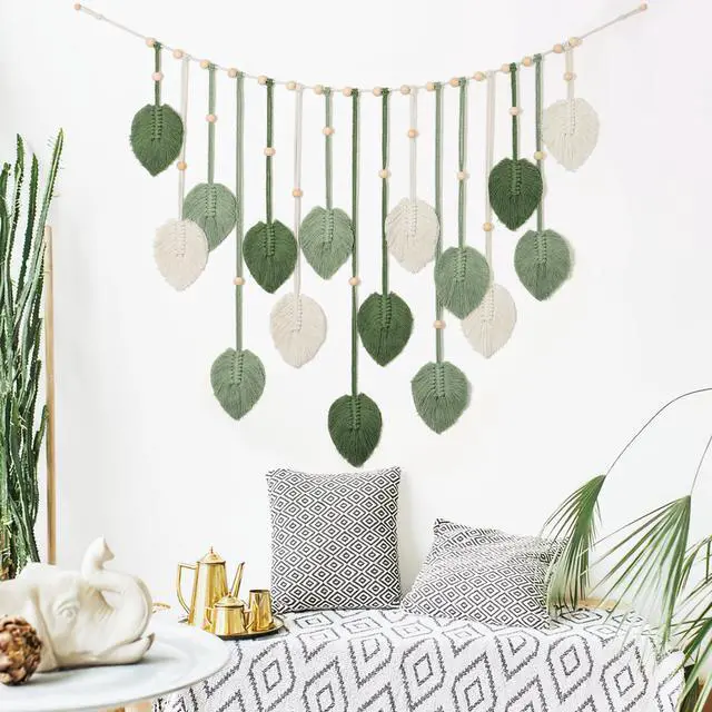 Alt view image 6 of 6 - Macrame Wall Hanging Large Macrame Leaves Tapestry Wall Hanging Decoration Boho Handmade Woven Leaf Feather Wall Art Decor for Nursery Bedroom Living Room Office Christmas Thanksgiving Decor