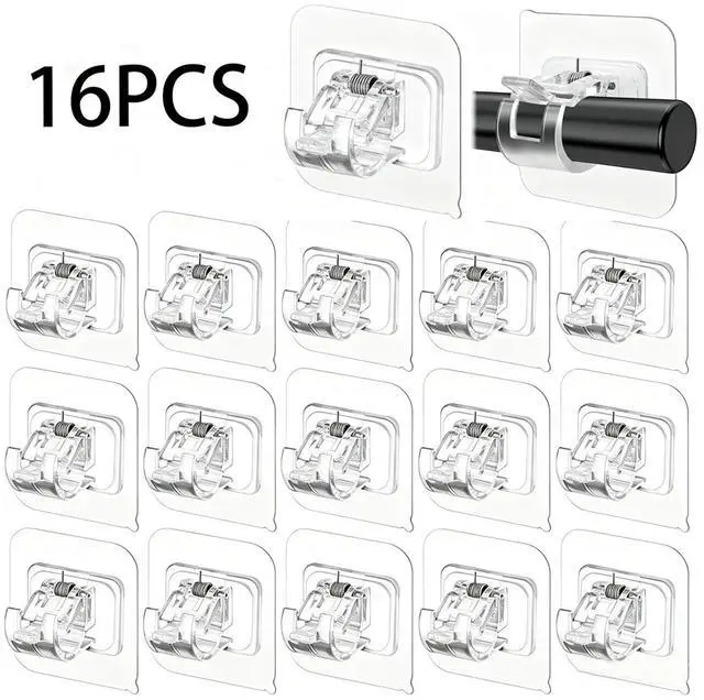 Main image of 16-Pack Sticky Curtain Brackets - Self-Adhesive, No-Drill ABS Plastic Adjustable Hooks for Window/Door, Home Organizer Rails for Multiple Rooms (Transparent)