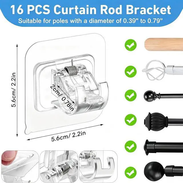 Alt view image 2 of 7 - 16-Pack Sticky Curtain Brackets - Self-Adhesive, No-Drill ABS Plastic Adjustable Hooks for Window/Door, Home Organizer Rails for Multiple Rooms (Transparent)