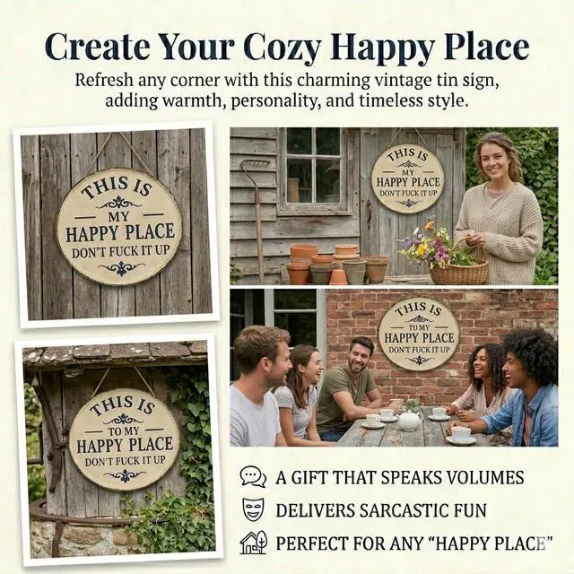 Alt view image 7 of 7 - 12x12in Round This Is Our Happy Place Don't F*k It Up Wood Sign - Vintage Hanging Wall Decor Welcome to My Happy Place - Funny Humorous Welcome Sign with Jute Rope