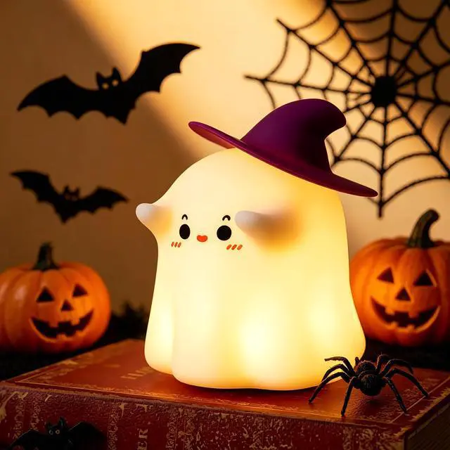 Alt view image 2 of 7 - Ghost Night Light, Dimmable Halloween Nightlight Room Desk Décor | Rechargeable;Warm White; Tap Control Silicone Cute Ghost Lamp for Nursery Kid Girl Women Halloween Bedroom Bedside Decoration