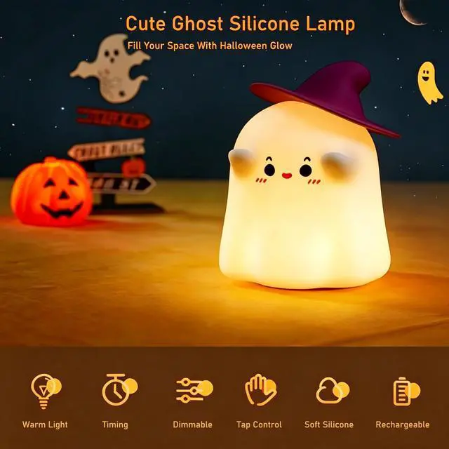 Alt view image 3 of 7 - Ghost Night Light, Dimmable Halloween Nightlight Room Desk Décor | Rechargeable;Warm White; Tap Control Silicone Cute Ghost Lamp for Nursery Kid Girl Women Halloween Bedroom Bedside Decoration