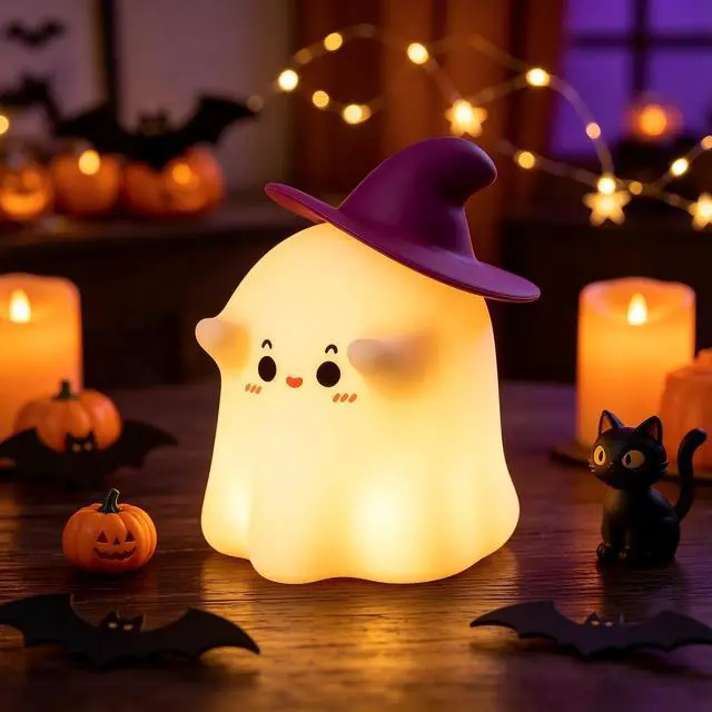 Alt view image 4 of 7 - Ghost Night Light, Dimmable Halloween Nightlight Room Desk Décor | Rechargeable;Warm White; Tap Control Silicone Cute Ghost Lamp for Nursery Kid Girl Women Halloween Bedroom Bedside Decoration
