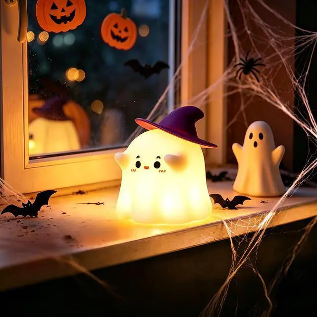 Alt view image 5 of 7 - Ghost Night Light, Dimmable Halloween Nightlight Room Desk Décor | Rechargeable;Warm White; Tap Control Silicone Cute Ghost Lamp for Nursery Kid Girl Women Halloween Bedroom Bedside Decoration
