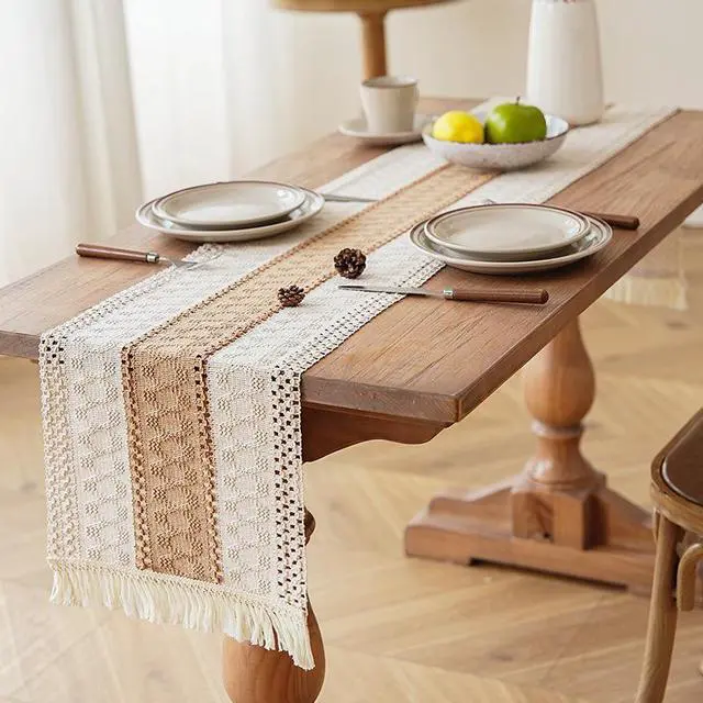 Alt view image 3 of 7 - Generic Brand Boho Table Runner Thanksgiving Decor Fall Christmas Home Decor Tassels 72 Inches Long Pottery Barn Furniture Farmhouse Rustic Macrame Burlap Table Decoration