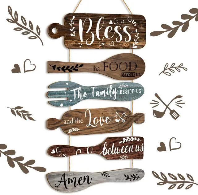 Main image of Generic Bl 6Pcs Bless The Food Before Us Sign Kitchen Decor Wall, Multicolor | Farmhouse Kitchen Wall Art, Rustic Wood Vertical Hanging Sign, Roped Collage for Dining Room, Meal Prayer Family Blessing