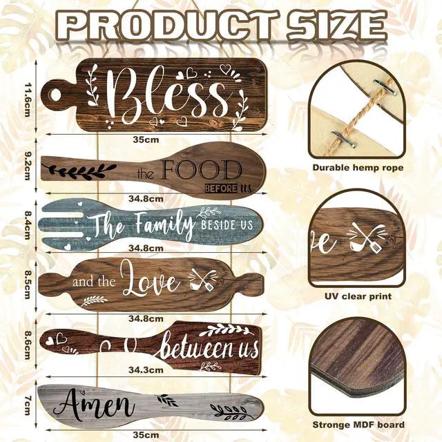 Alt view image 2 of 7 - Generic Bl 6Pcs Bless The Food Before Us Sign Kitchen Decor Wall, Multicolor | Farmhouse Kitchen Wall Art, Rustic Wood Vertical Hanging Sign, Roped Collage for Dining Room, Meal Prayer Family Blessing