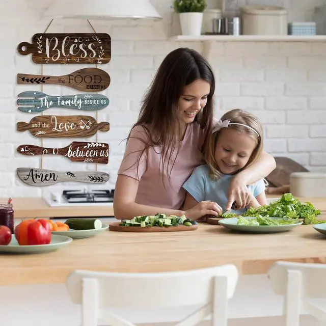 Alt view image 3 of 7 - Generic Bl 6Pcs Bless The Food Before Us Sign Kitchen Decor Wall, Multicolor | Farmhouse Kitchen Wall Art, Rustic Wood Vertical Hanging Sign, Roped Collage for Dining Room, Meal Prayer Family Blessing
