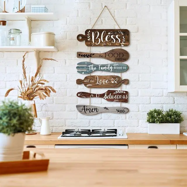 Alt view image 4 of 7 - Generic Bl 6Pcs Bless The Food Before Us Sign Kitchen Decor Wall, Multicolor | Farmhouse Kitchen Wall Art, Rustic Wood Vertical Hanging Sign, Roped Collage for Dining Room, Meal Prayer Family Blessing