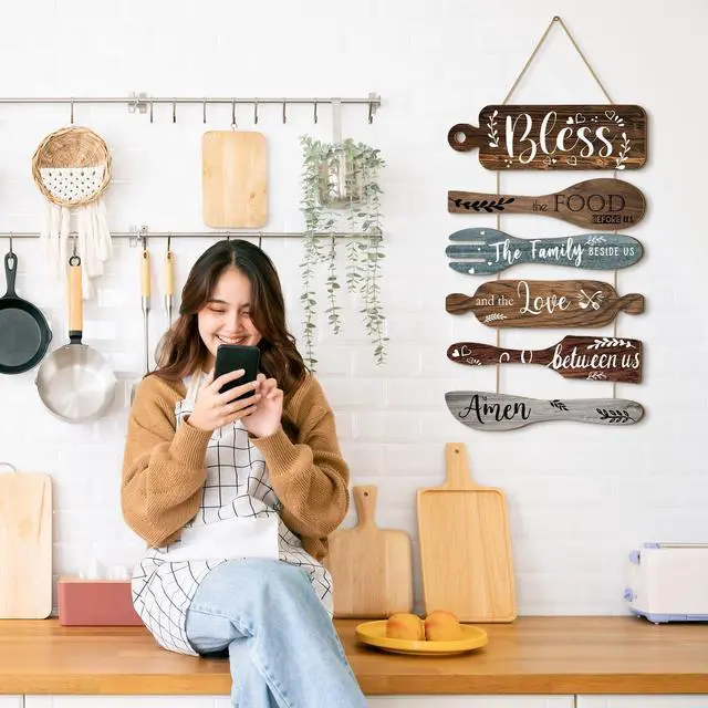 Alt view image 6 of 7 - Generic Bl 6Pcs Bless The Food Before Us Sign Kitchen Decor Wall, Multicolor | Farmhouse Kitchen Wall Art, Rustic Wood Vertical Hanging Sign, Roped Collage for Dining Room, Meal Prayer Family Blessing