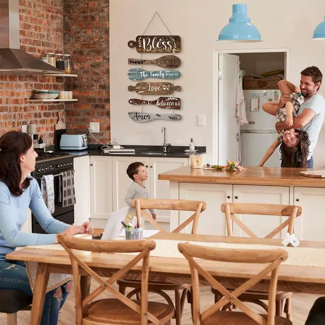 Alt view image 7 of 7 - Generic Bl 6Pcs Bless The Food Before Us Sign Kitchen Decor Wall, Multicolor | Farmhouse Kitchen Wall Art, Rustic Wood Vertical Hanging Sign, Roped Collage for Dining Room, Meal Prayer Family Blessing